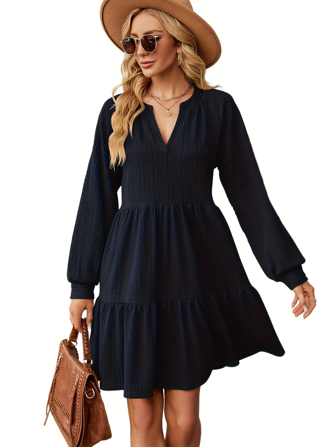 Damen lässiges V-Ausschnitt Kleid mit voluminösen Ärmeln und Stufenrand Drune