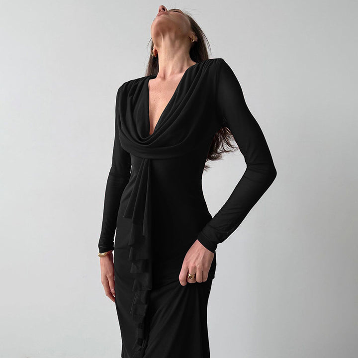 Damen Elegantes Maxikleid mit tiefem V-Ausschnitt und Rüschendetail Drune