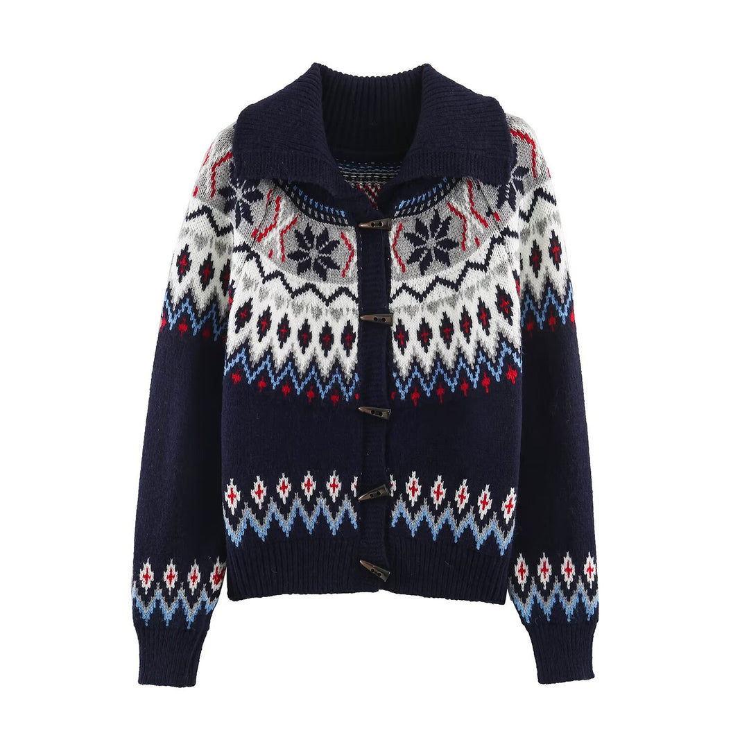 Damen Grobgestrickter Norweger-Cardigan mit Schalkragen und Hornknopfleiste Drune