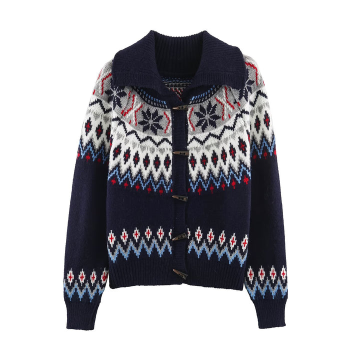 Damen Grobgestrickter Norweger-Cardigan mit Schalkragen und Hornknopfleiste Drune