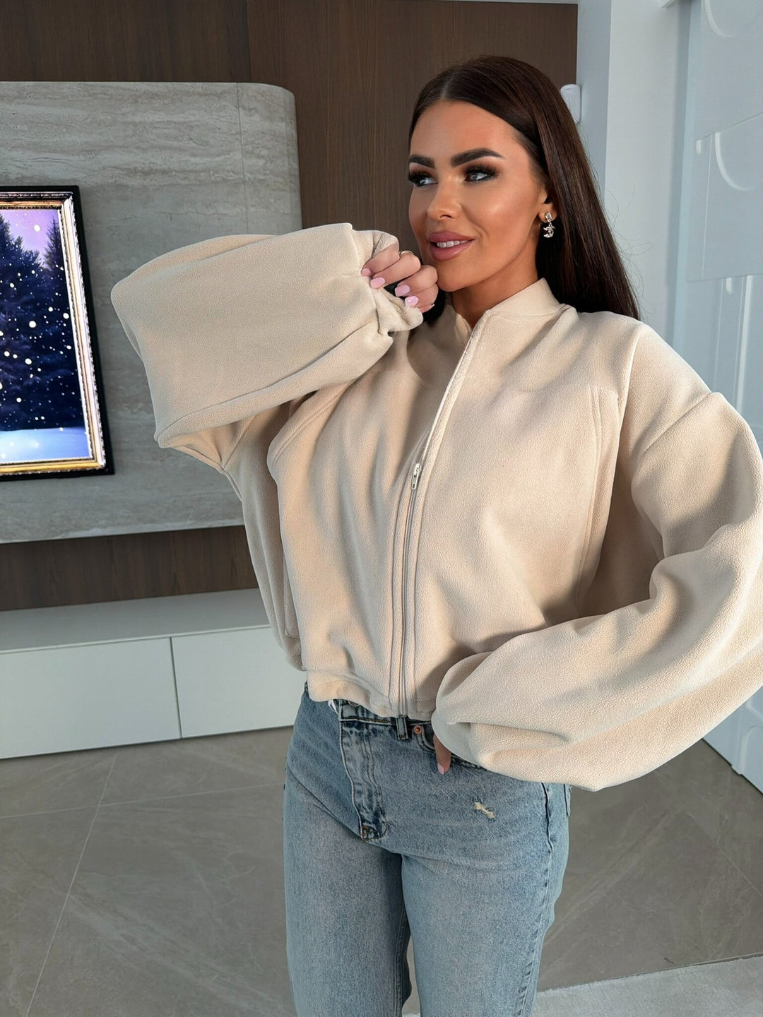 Damen Schicke Fleece-Jacke mit hohem Kragen und Reißverschluss Drune