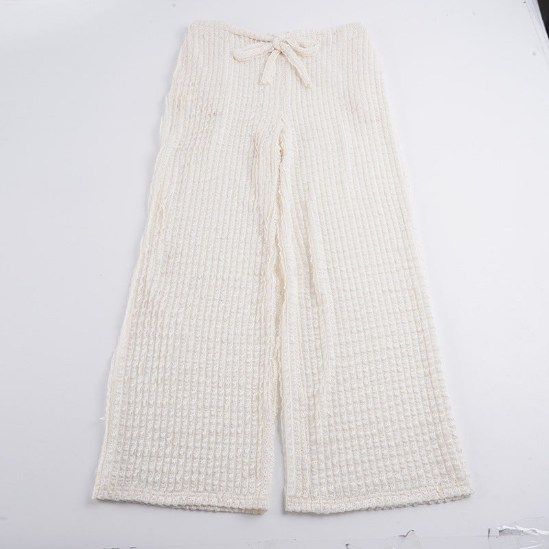 Damen nan kuschelige Strick-Loungehose mit weitem Bein, hoher Taille und Kordelzug Drune