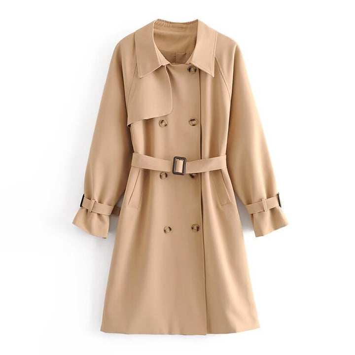 Damen Doppelreihiger Trenchcoat mit Taillengürtel und Schulterpasse Drune