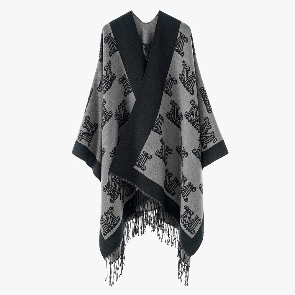 Damen Jacquard-Cape mit Monogramm‑Muster, offenem V‑Ausschnitt und Fransensaum Drune