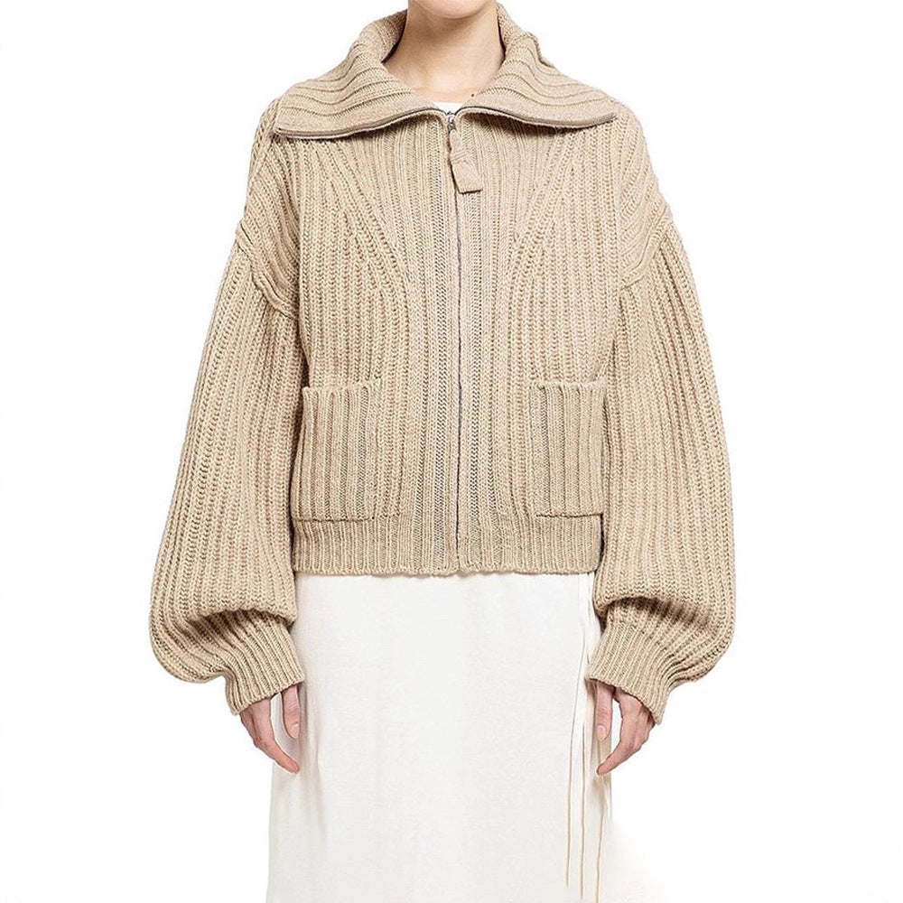 Damen Grobstrickpullover mit hohem Kragen und praktischen Taschen Drune