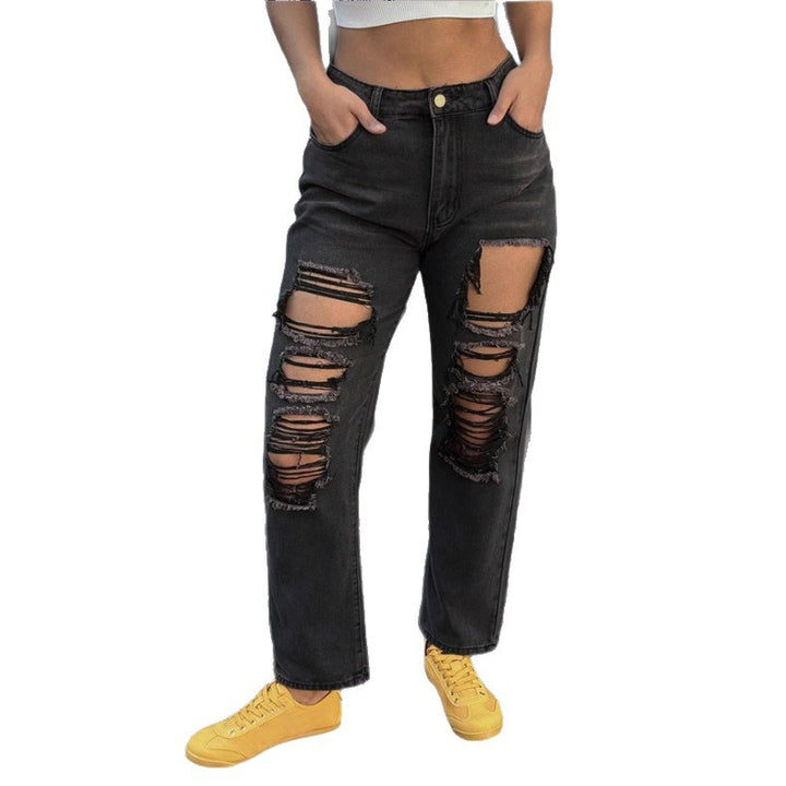 Damen hochgeschnittene Ripped-Mom-Jeans mit mehreren Knie-Cutouts und relaxed Straight-Schnitt Drune