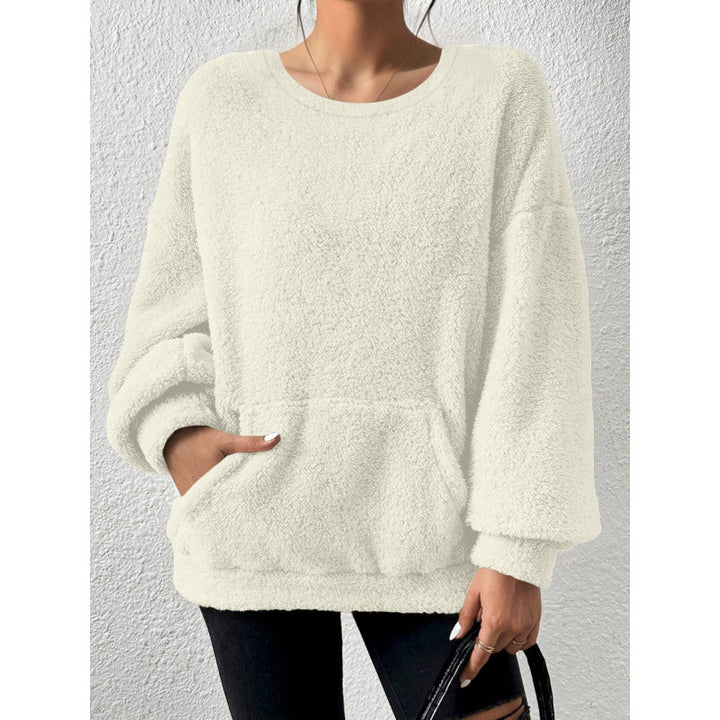 Damen Kuscheliger Oversize-Sherpa-Pullover mit Kängurutasche und Ballonärmeln Drune