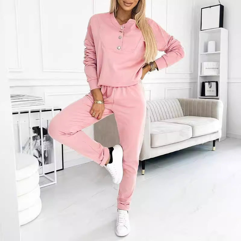 Damen Bequemes Freizeitanzug Set mit Knopfdetails Drune