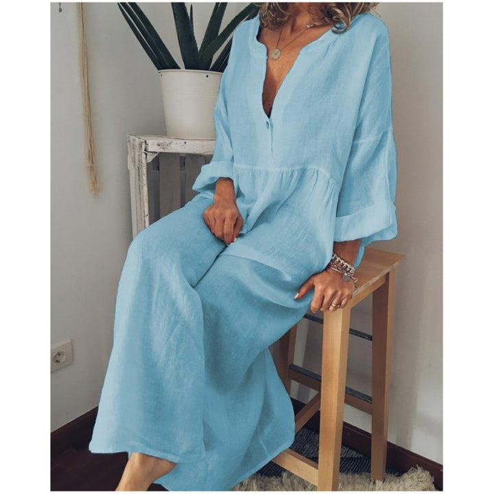 Damen Langes Leinen-Maxikleid mit V-Ausschnitt, geraffter Taille und 3/4-Ärmeln Drune
