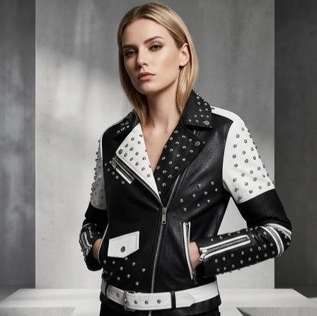 Damen Edle Bikerjacke mit Nieten Drune