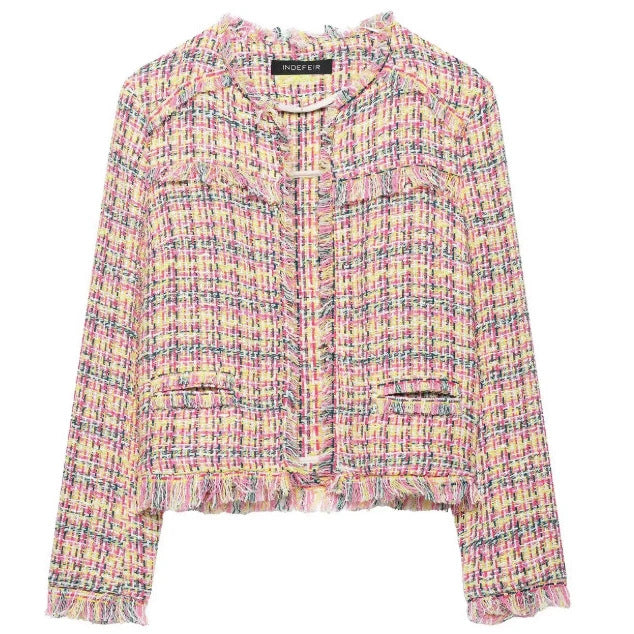 Damen Cropped Bouclé‑Tweed‑Blazer im Chanelstil mit Fransenabschlüssen Drune