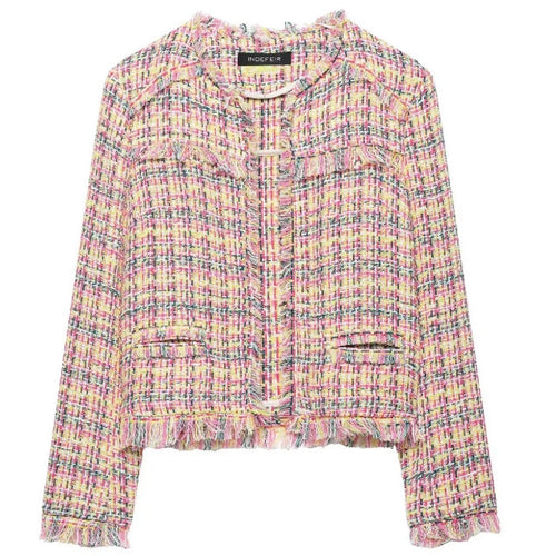 Damen Cropped Bouclé‑Tweed‑Blazer im Chanelstil mit Fransenabschlüssen Drune
