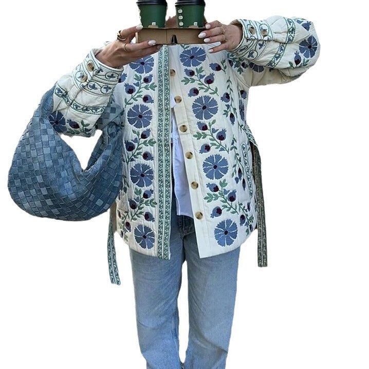 Damen Stickjacke mit folklorischer Blumenstickerei, Knopfleiste und lockerer Passform Drune
