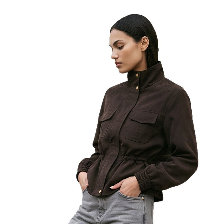 Damen Kurzjacke im Utility‑Stil mit Taillenzug und Stehkragen Drune