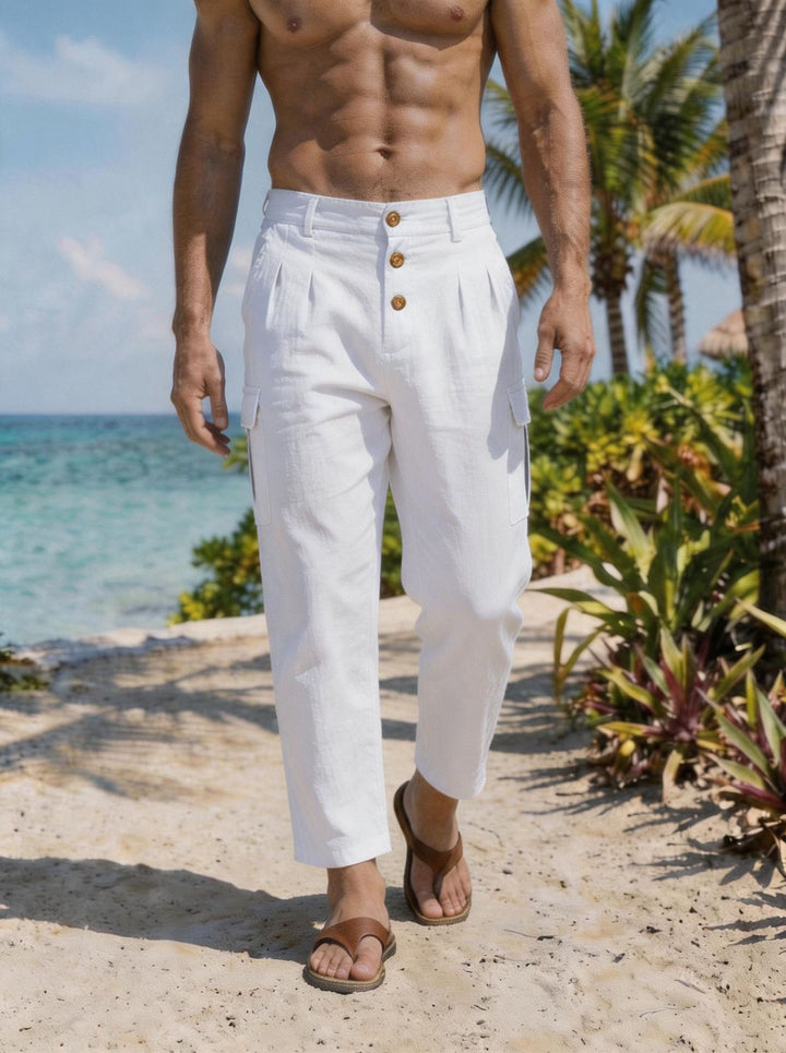 Herren Bundfalten-Cargohose mit Knopfverschluss, aufgesetzten Cargotaschen und gekürztem Bein Drune
