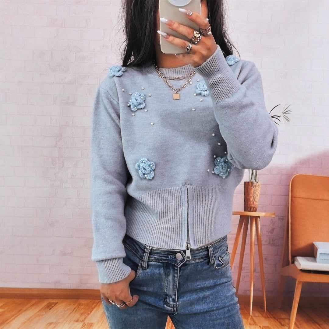 Damen modischer Strickpullover mit floralen Applikationen und dekorativen Perlen Drune