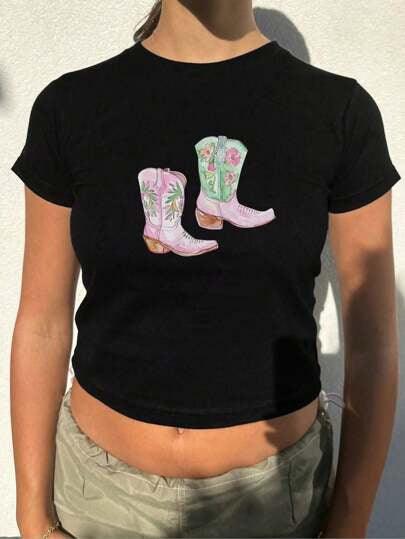 Damen Crop-T-Shirt mit kreativem Lippenmotiv und figurbetontem Schnitt Drune