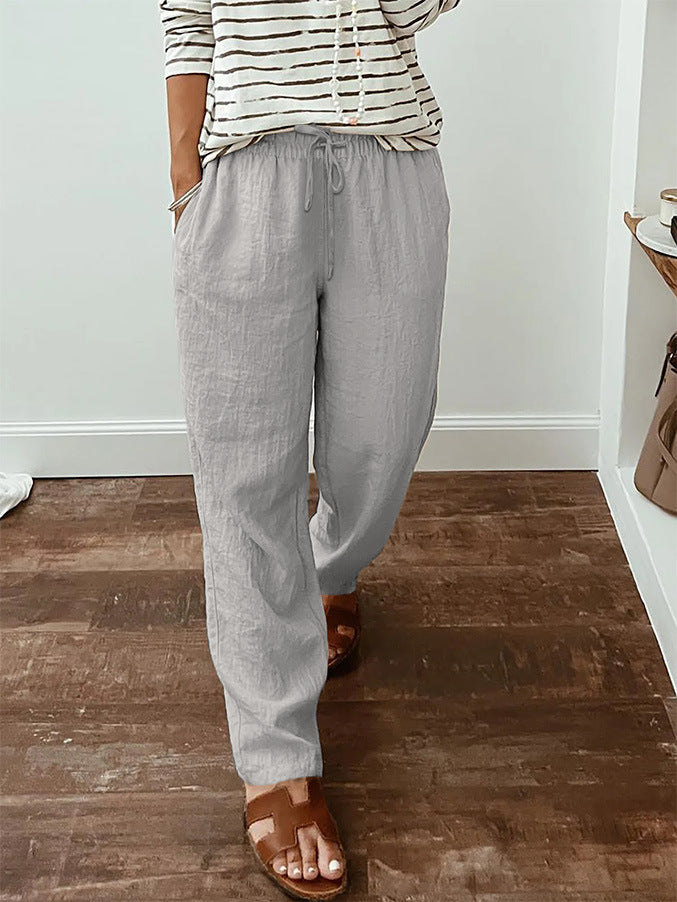 Leichte Damen-Leinenoptik-Hose mit elastischem Kordelzug, Fronttaschen und weitem Bein Drune