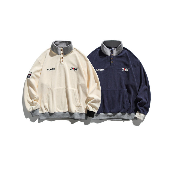 Unisex Fleece-Halbzip-Pullover mit Stehkragen, Kängurutasche und Kontrastbündchen Drune