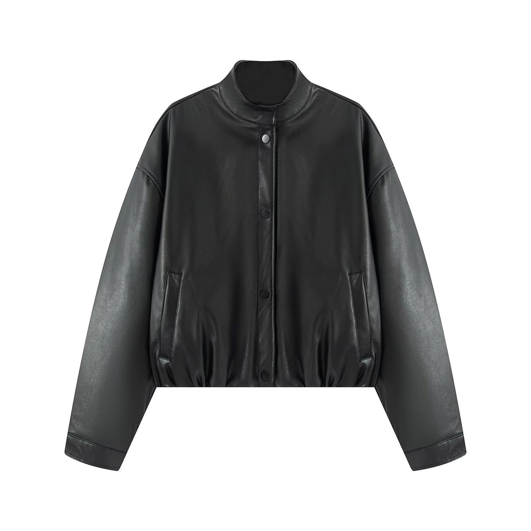 Damen stylische Kunstlederjacke mit Stehkragen Drune