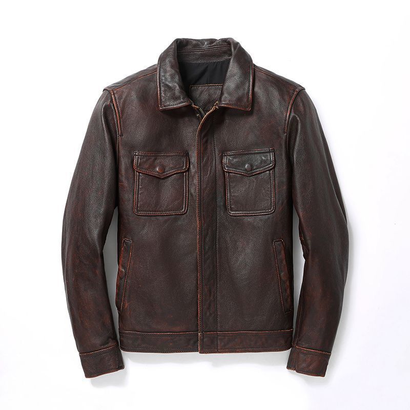Herren Lederjacke im Worker-Stil mit Brusttaschen und durchgehendem Reißverschluss Drune