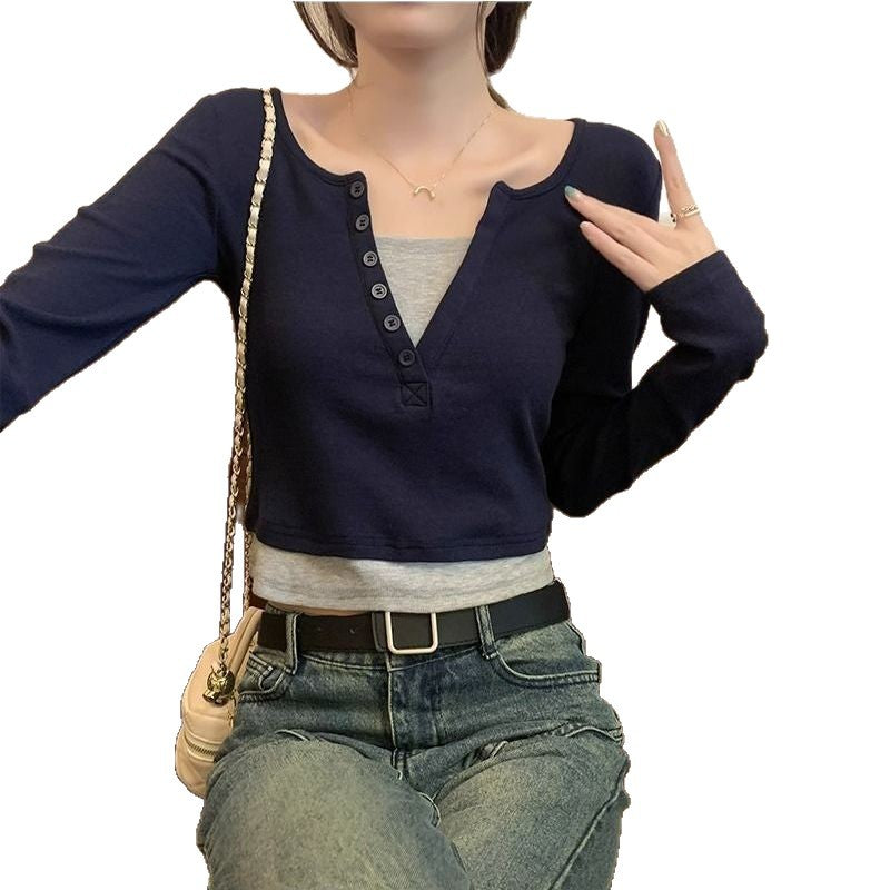 Damen Langarmshirt mit Knopfleiste und Rundhalsausschnitt Drune
