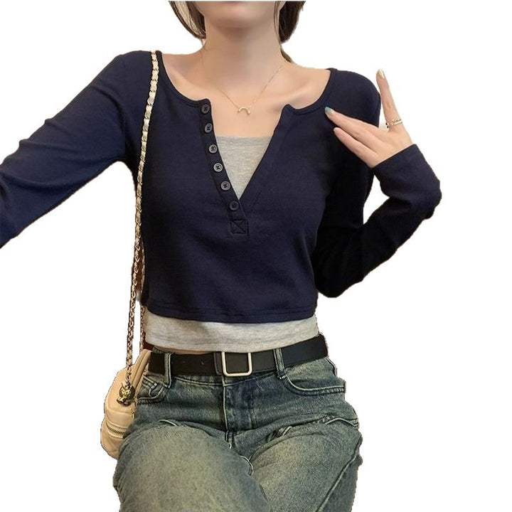 Damen Langarmshirt mit Knopfleiste und Rundhalsausschnitt Drune