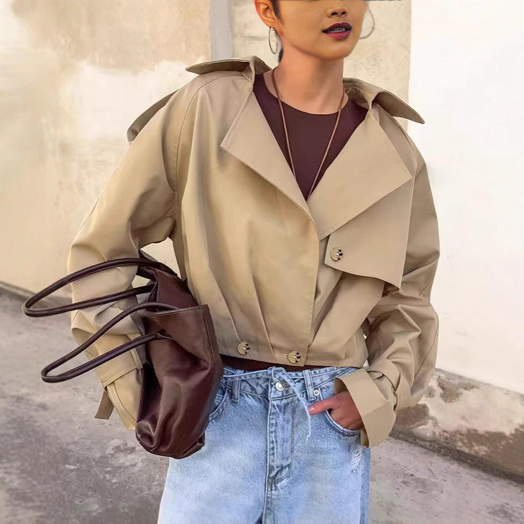 Damen Trendige Cropped Trenchjacke mit innovativen Ärmeln Drune