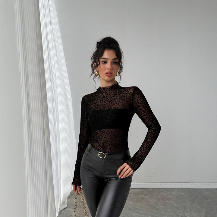 Damen nan eng anliegendes Transparenz-Mesh-Top mit erhabenem Samtflock-Leoprint und Stehkragen Drune