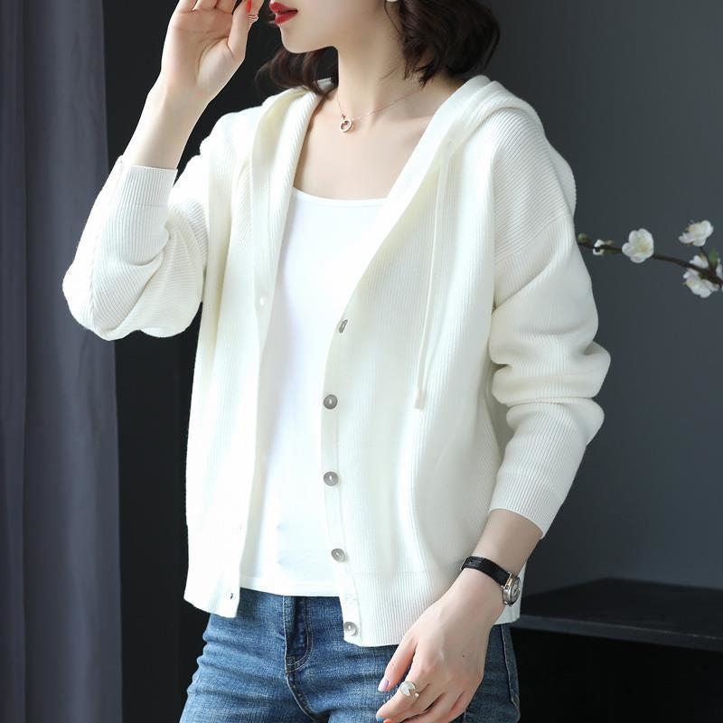 Damen lässige Strickjacke mit Kapuze und Knopfverschluss Drune