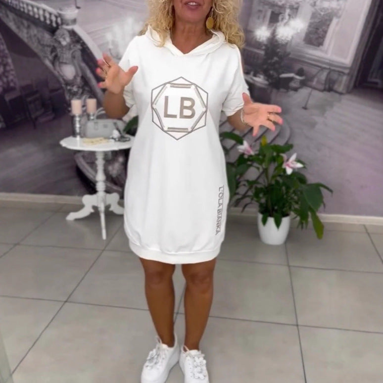 Damen nan sportliches Kapuzen-Tunika-Kleid mit Schulterauschnitten und Logoprint Drune