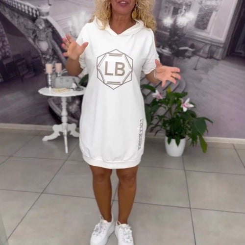 Damen nan sportliches Kapuzen-Tunika-Kleid mit Schulterauschnitten und Logoprint Drune