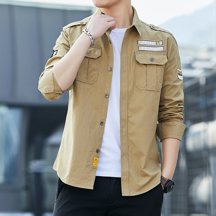Herren Overshirt im Military-Utility-Stil mit Schulterpatten, Brustklappen und leichtem Baumwollmix Drune