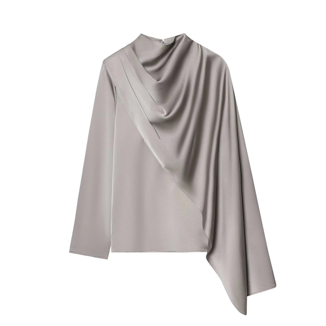 Damen Asymmetrische Drapierte Satinbluse mit Wasserfallkragen Drune