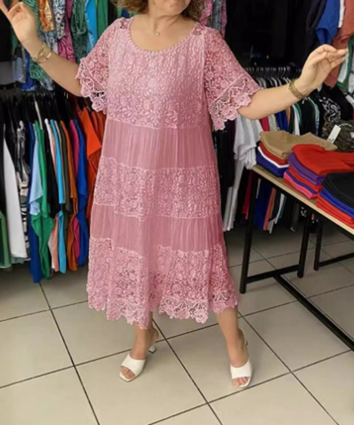 Damen nan mehrlagiges Spitzen-Midikleid mit plissierten Einsätzen und Volantärmeln Drune