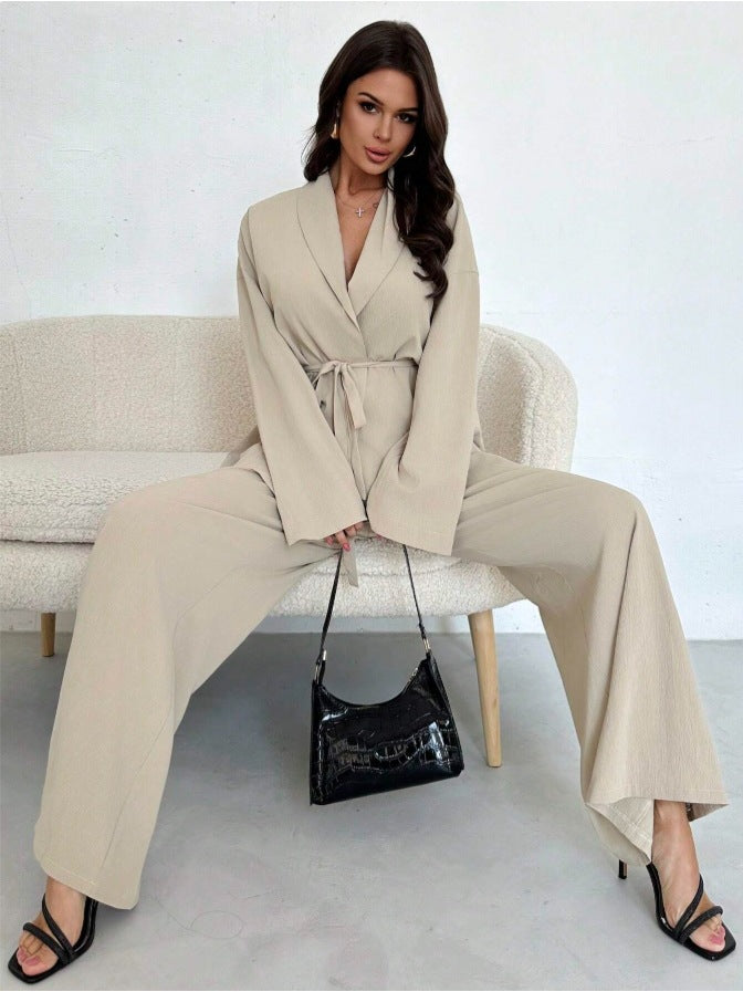 Damen Entspannter Wickelblazer und Weite-Hosen Set Drune