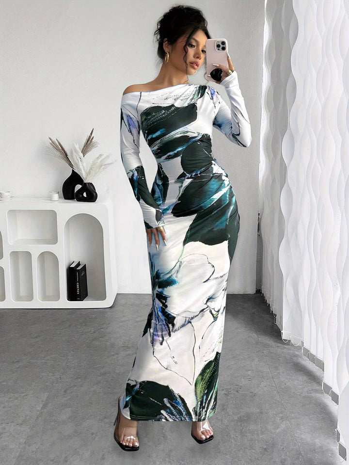Damen elegantes Langarmkleid mit floralem Motiv Drune