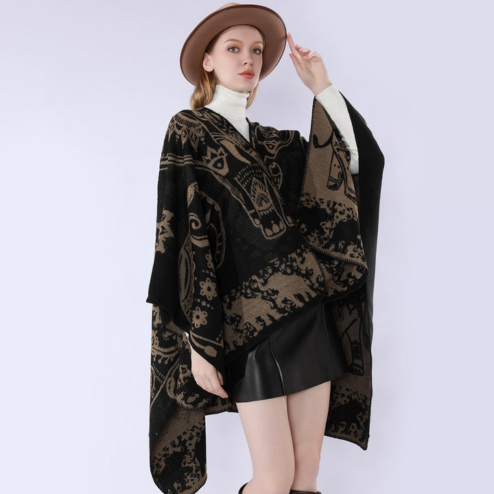 Damen Jacquard-Kimono-Cape aus Wollmix mit ornamentalen Tiermotiven Drune
