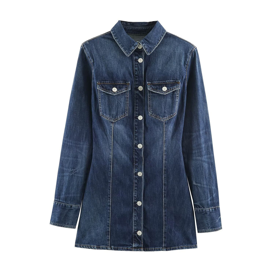 Damen Geradliniges Denim-Hemdkleid mit durchgehender Knopfleiste und Brusttaschen Drune