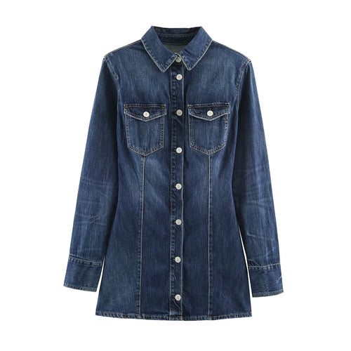 Damen Geradliniges Denim-Hemdkleid mit durchgehender Knopfleiste und Brusttaschen Drune