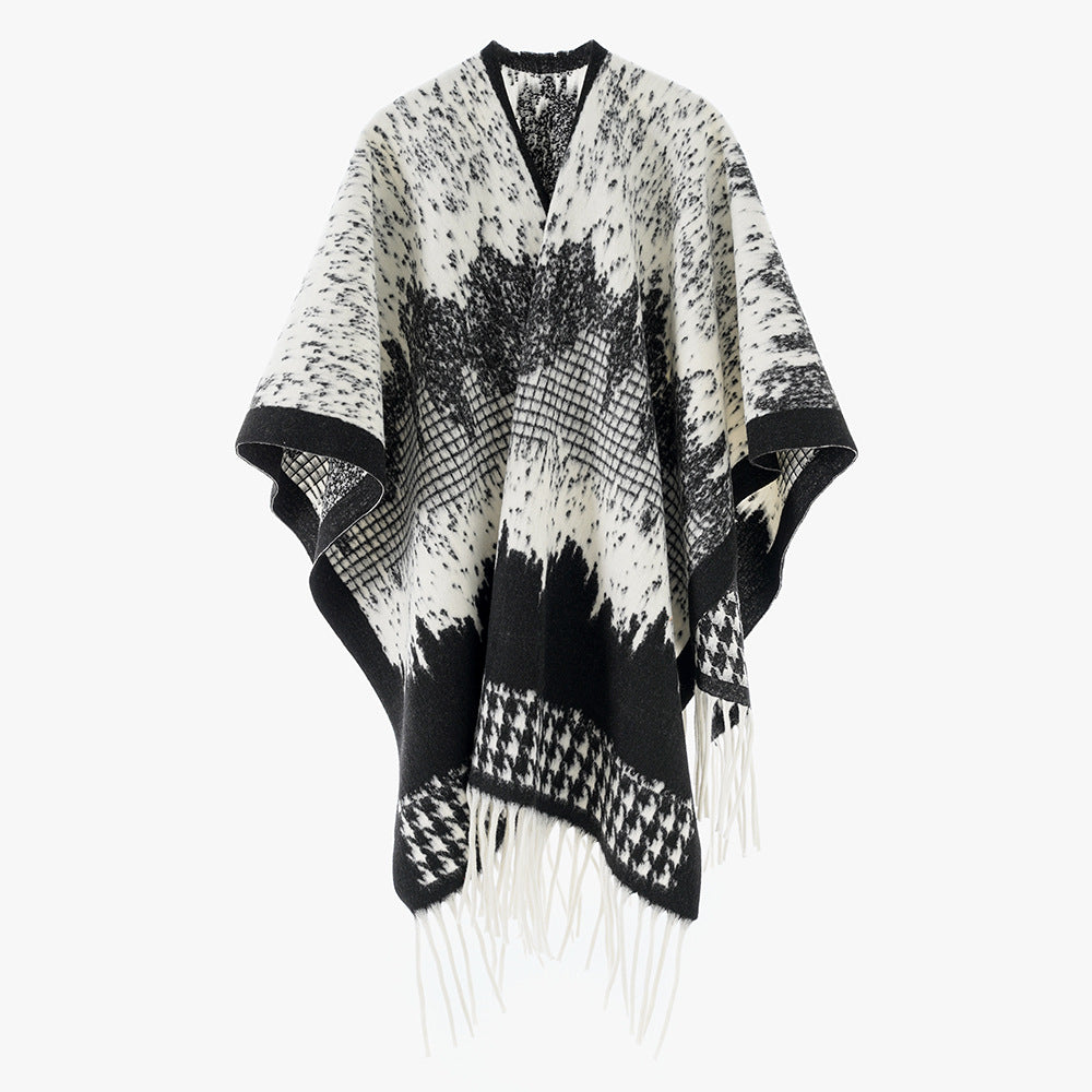 Damen Monochromer Jacquard-Capeponcho aus Wollmix mit Fransen und Oversize-Fall Drune
