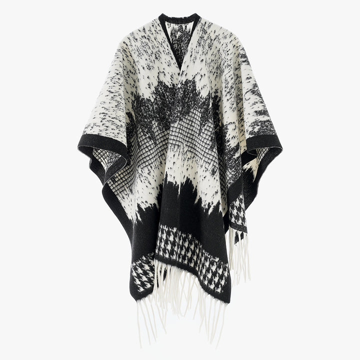 Damen Monochromer Jacquard-Capeponcho aus Wollmix mit Fransen und Oversize-Fall Drune
