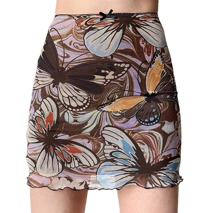 Damen Minirock mit floralem Schmetterlingsmuster und elastischem Bund Drune