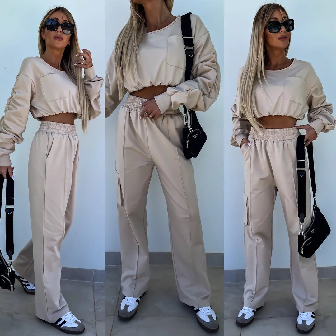 Damen lässiges Set mit cropped Oberteil und weit geschnittener Hose Drune