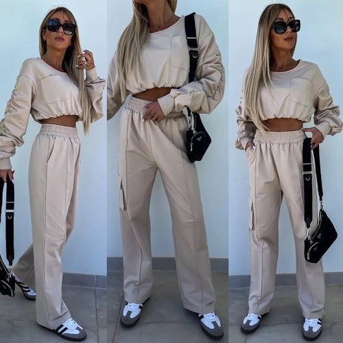 Damen lässiges Set mit cropped Oberteil und weit geschnittener Hose Drune