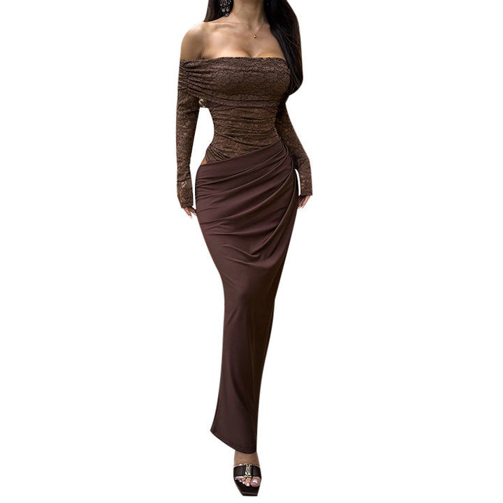Damen Elegantes Abendkleid mit schulterfreiem Design und Spitzenärmeln Drune