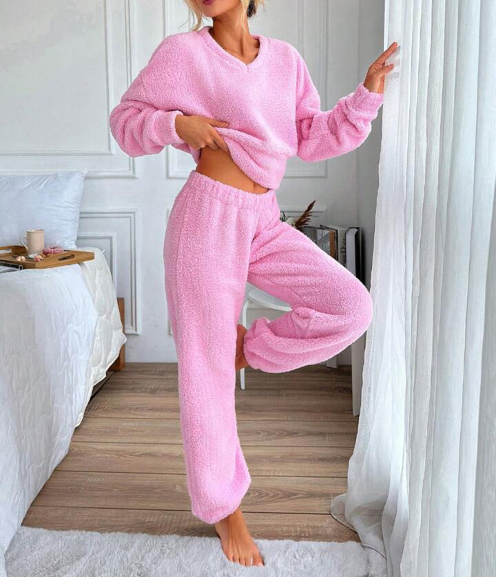 Damen Kuscheliges Freizeit-Loungewear-Set mit V-Ausschnitt Drune