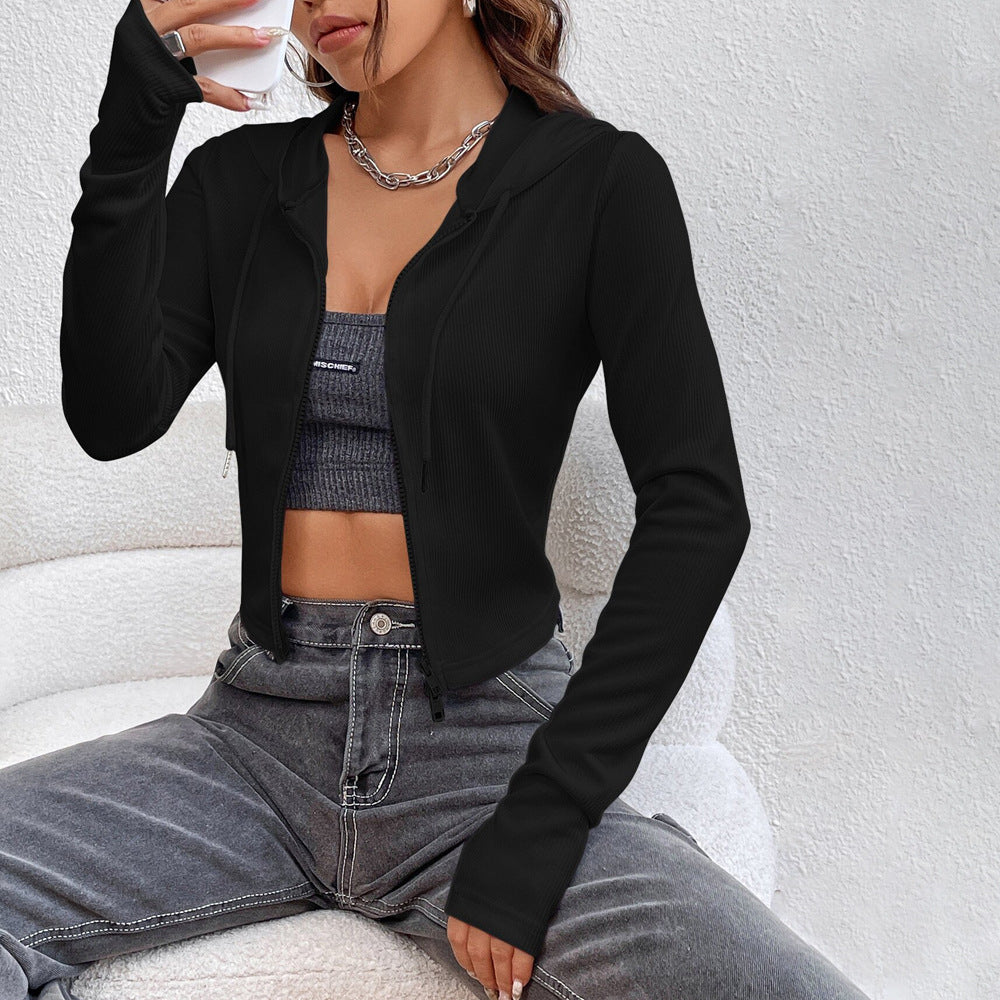 Damen cropped Hoodie mit modischer Kapuze und Reißverschluss Drune