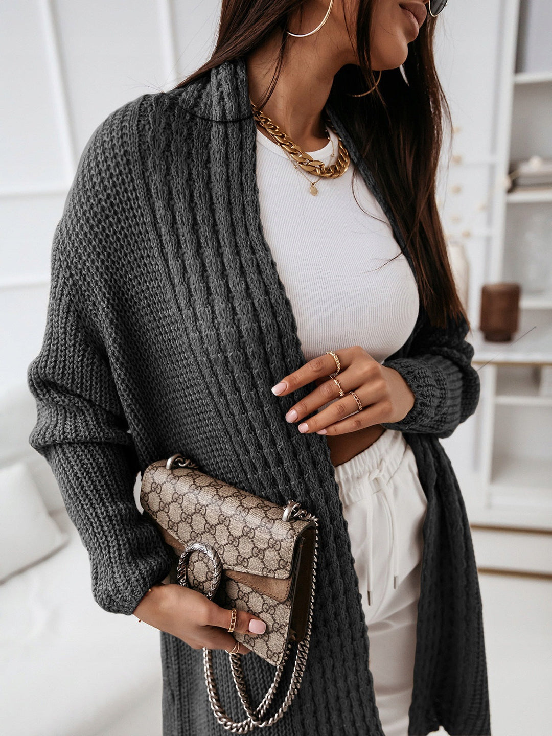 Drune | Langarm-Strickjacke Wollstrick Lockere Passform Offene Vorderseite Gerippte Struktur