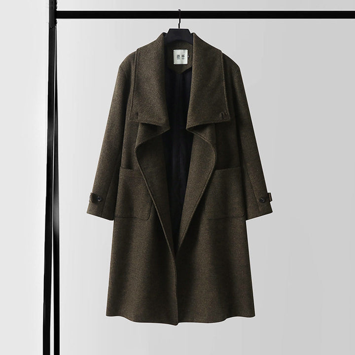 Damen Eleganter langer Wollmix-Cocoon-Mantel mit überlappendem Schalkragen und aufgesetzten Taschen Drune